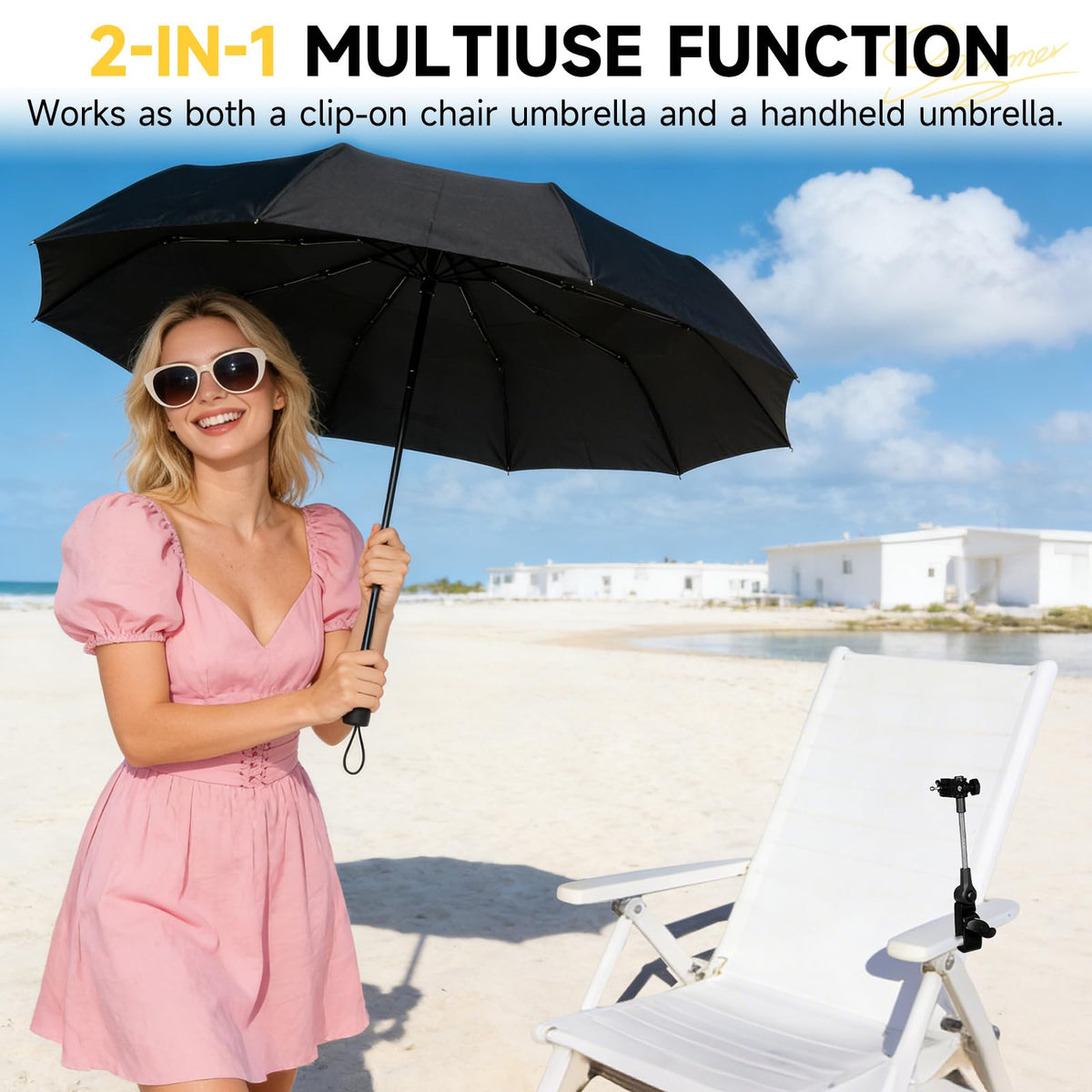 Tarswesi beach-chair umbrella clip provides shade at the coast or pool.