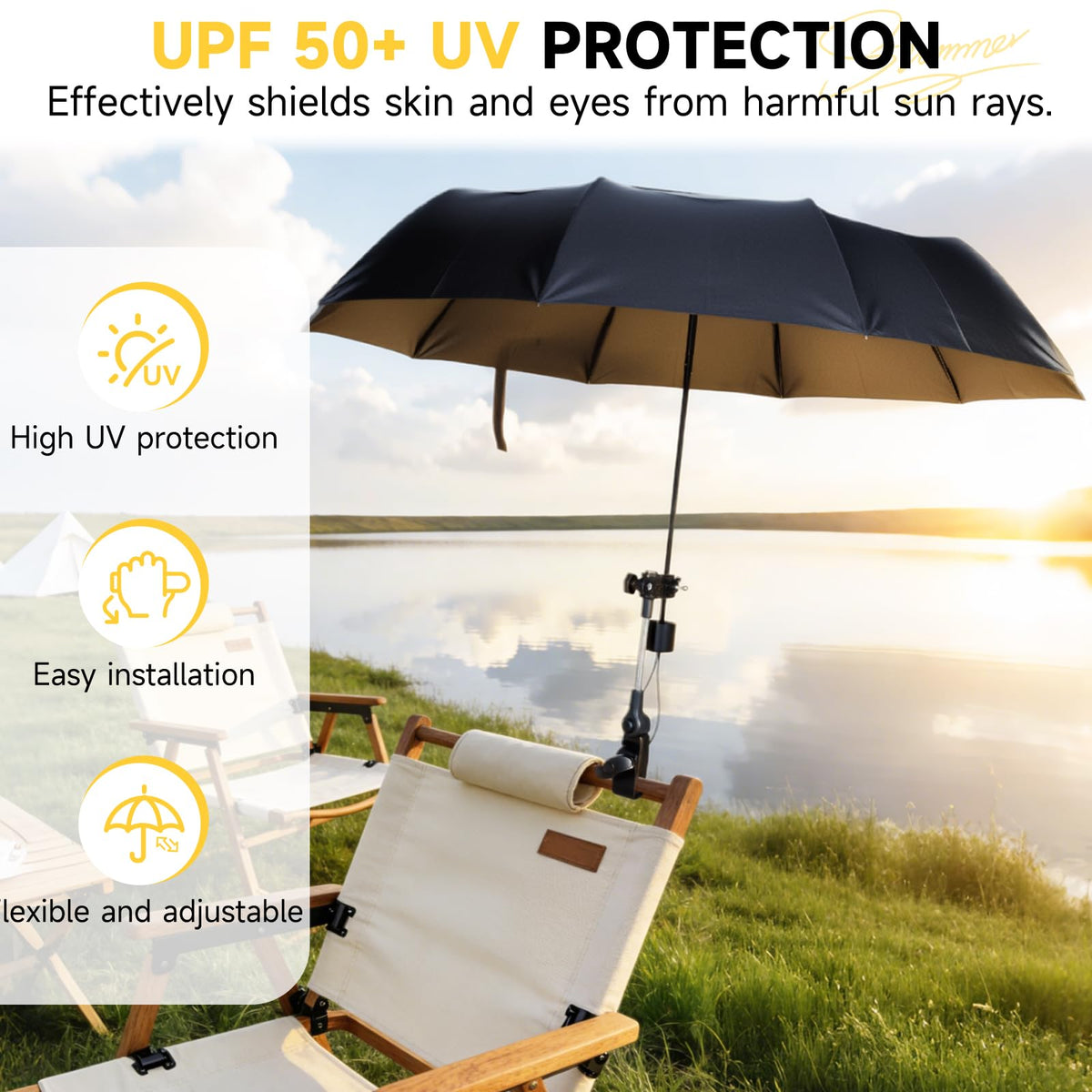 Tarswesi clip-on umbrella universal clamp secures to most chairs for reliable shade.