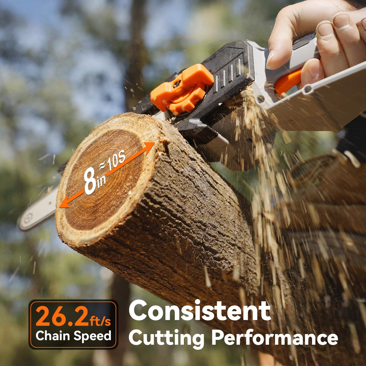 TaskStar 8-inch guide bar and 1000W brushless motor power cutting.