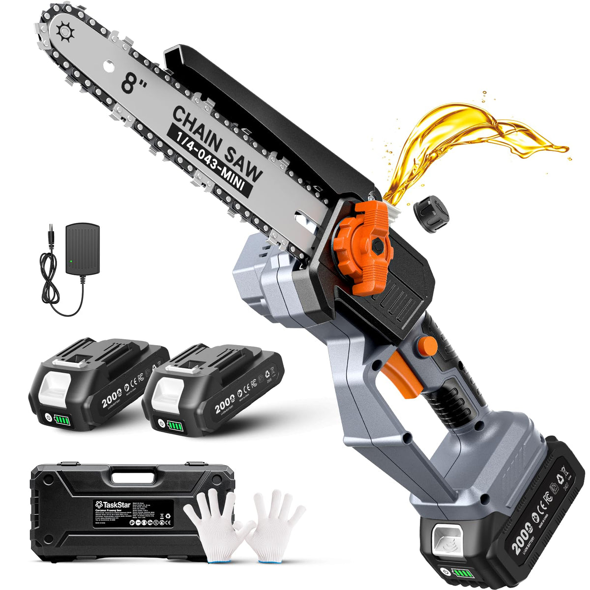 TaskStar 8-Inch Mini Chainsaw with guide bar for clean cuts on thick branches.