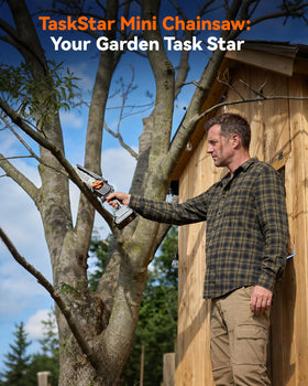 TaskStar outdoor cordless chainsaw kit supports yard, garden, and campsite projects.