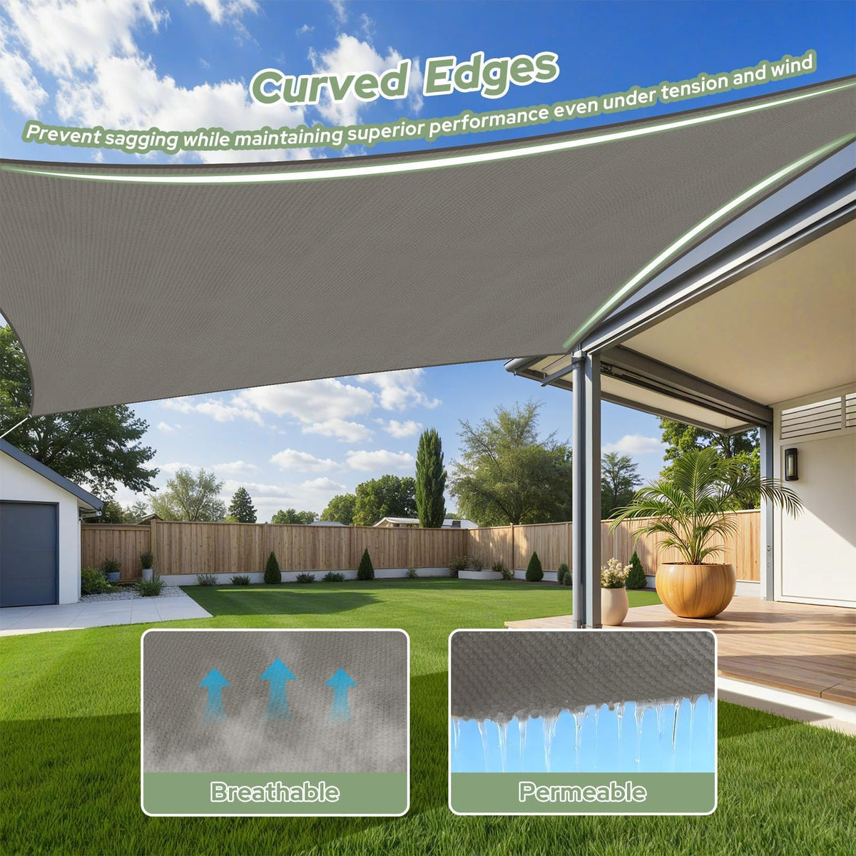 TasticTotes curved edges provide a tight, stylish fit over patios, decks, and pergolas.