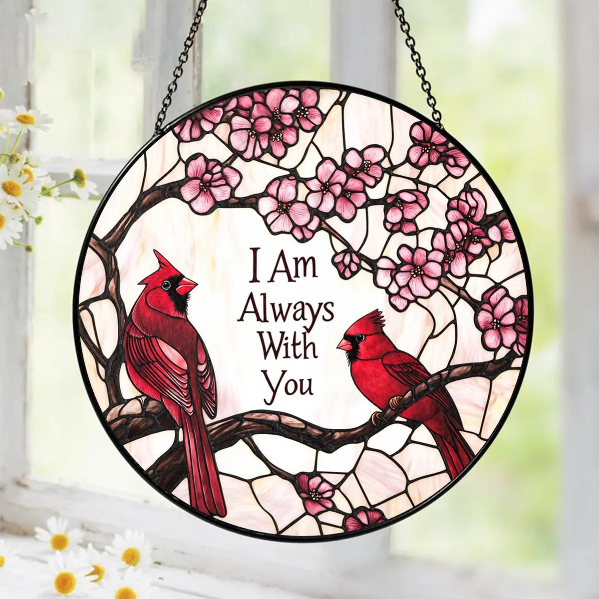 Tatkuink Cardinal Suncatcher window decor catches sunlight with vivid colors and design.