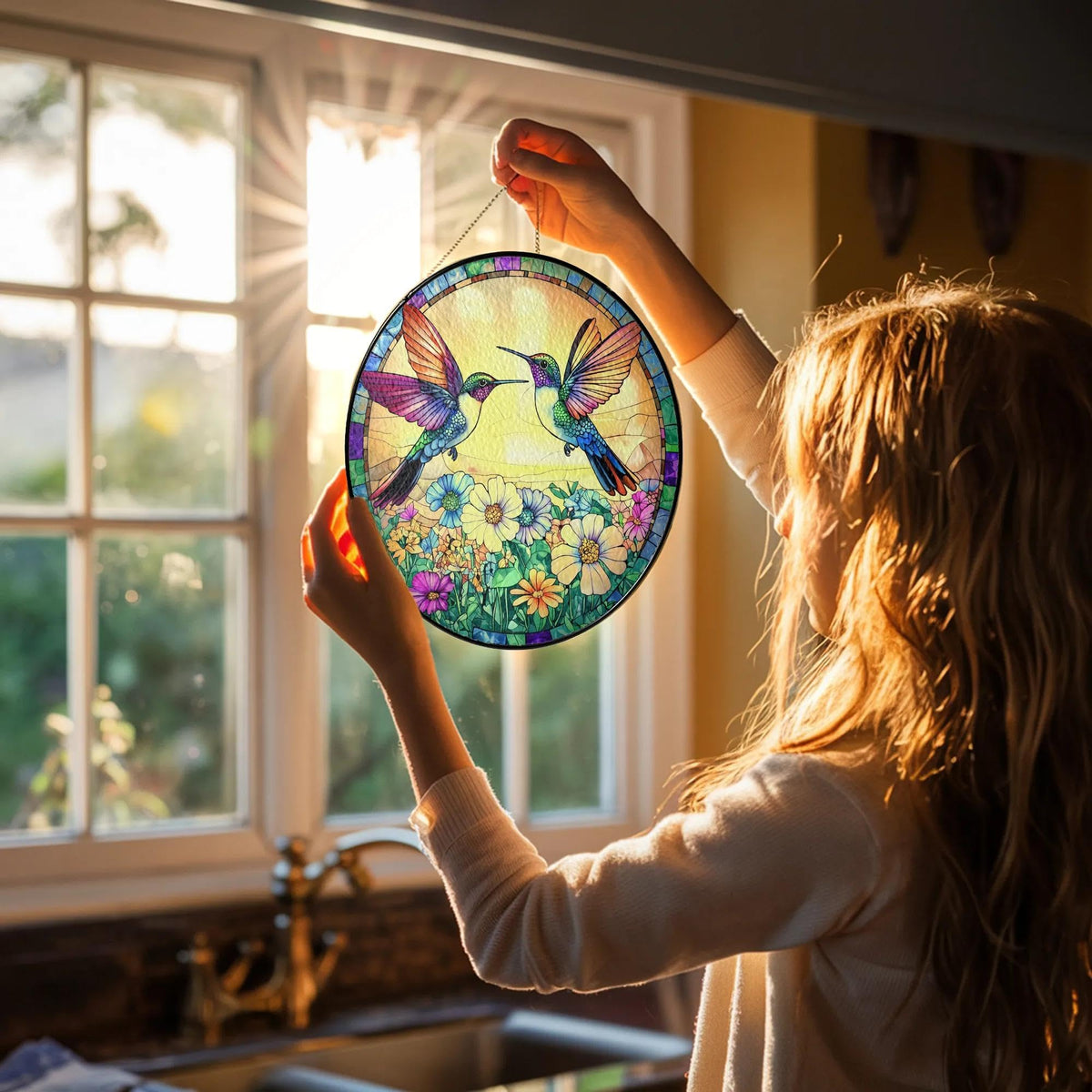 Tatkuink Hummingbird Suncatcher with metal chain is easy to hang.
