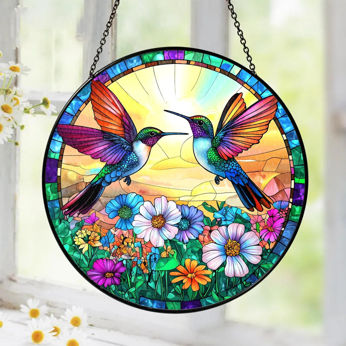 Tatkuink Hummingbird Suncatcher in stained glass window casts colorful light.