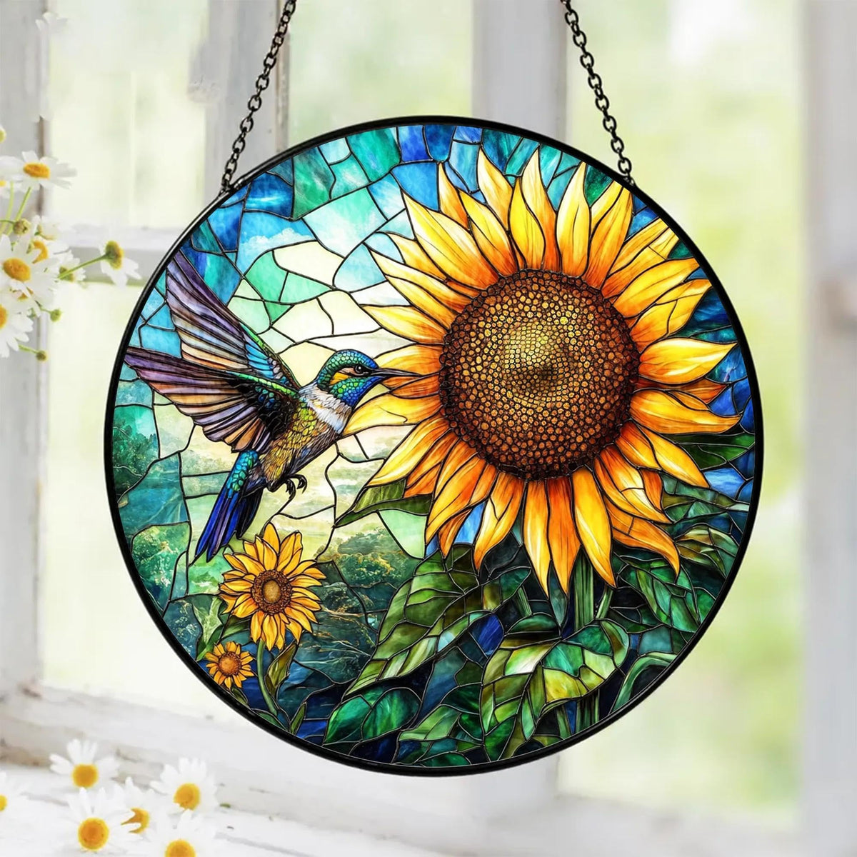 Tatkuink hummingbird sunflower suncatcher hanging in window, vibrant colors in sunlight.