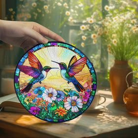 Tatkuink stained glass hummingbird panel brings nature-inspired charm to spaces.