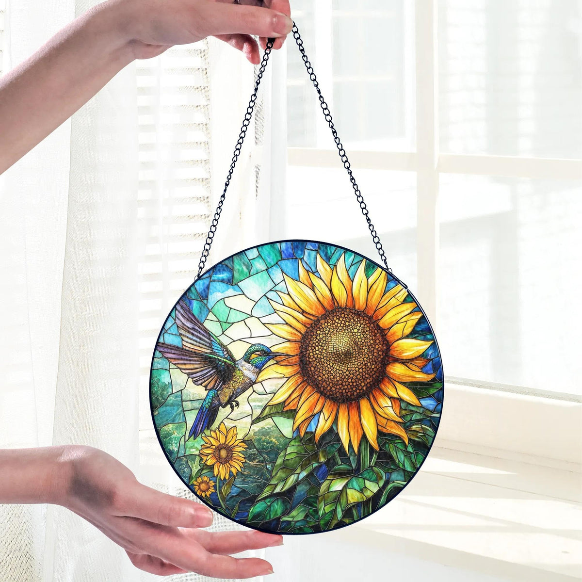 Tatkuink sunflower design stained glass suncatcher adds bright decor.