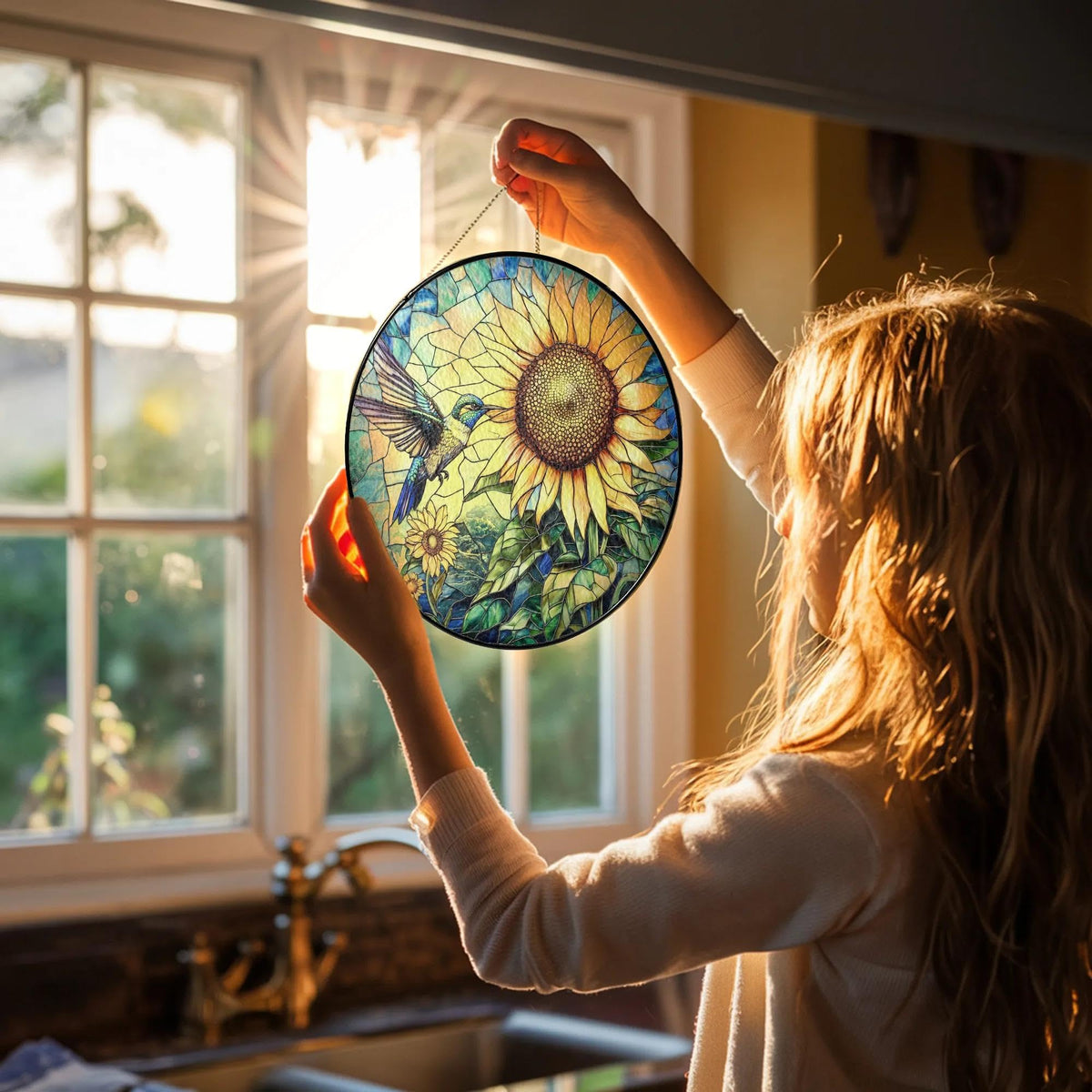 Tatkuink window decor hummingbird suncatcher displayed in sunny room.