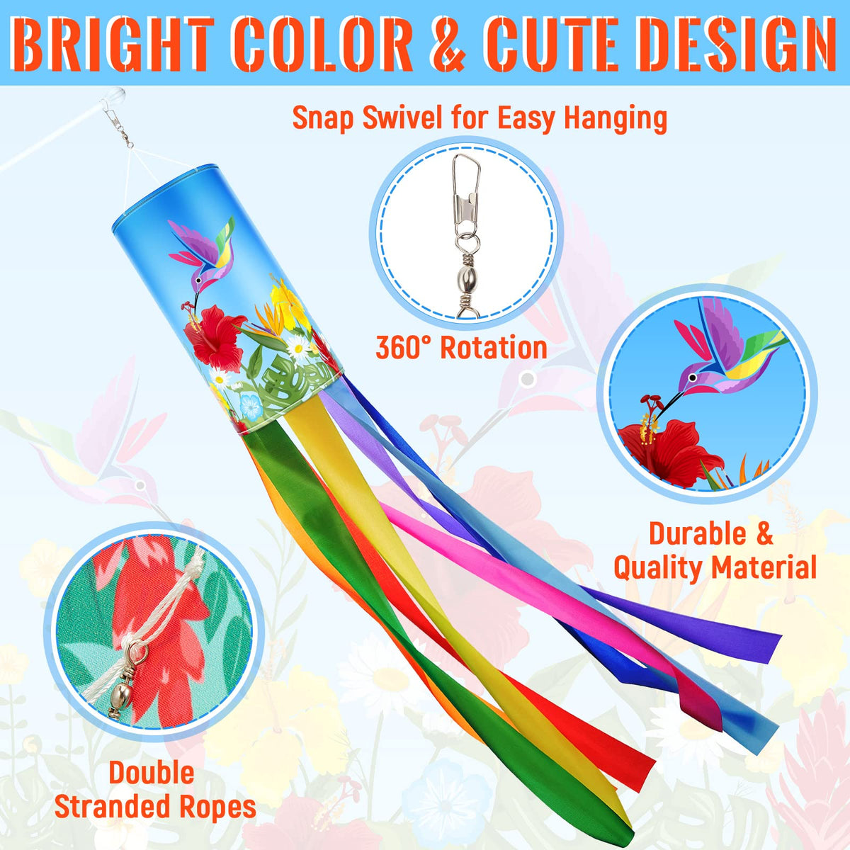 Tatuo wind sock clip top enables quick hanging on trees or hooks
