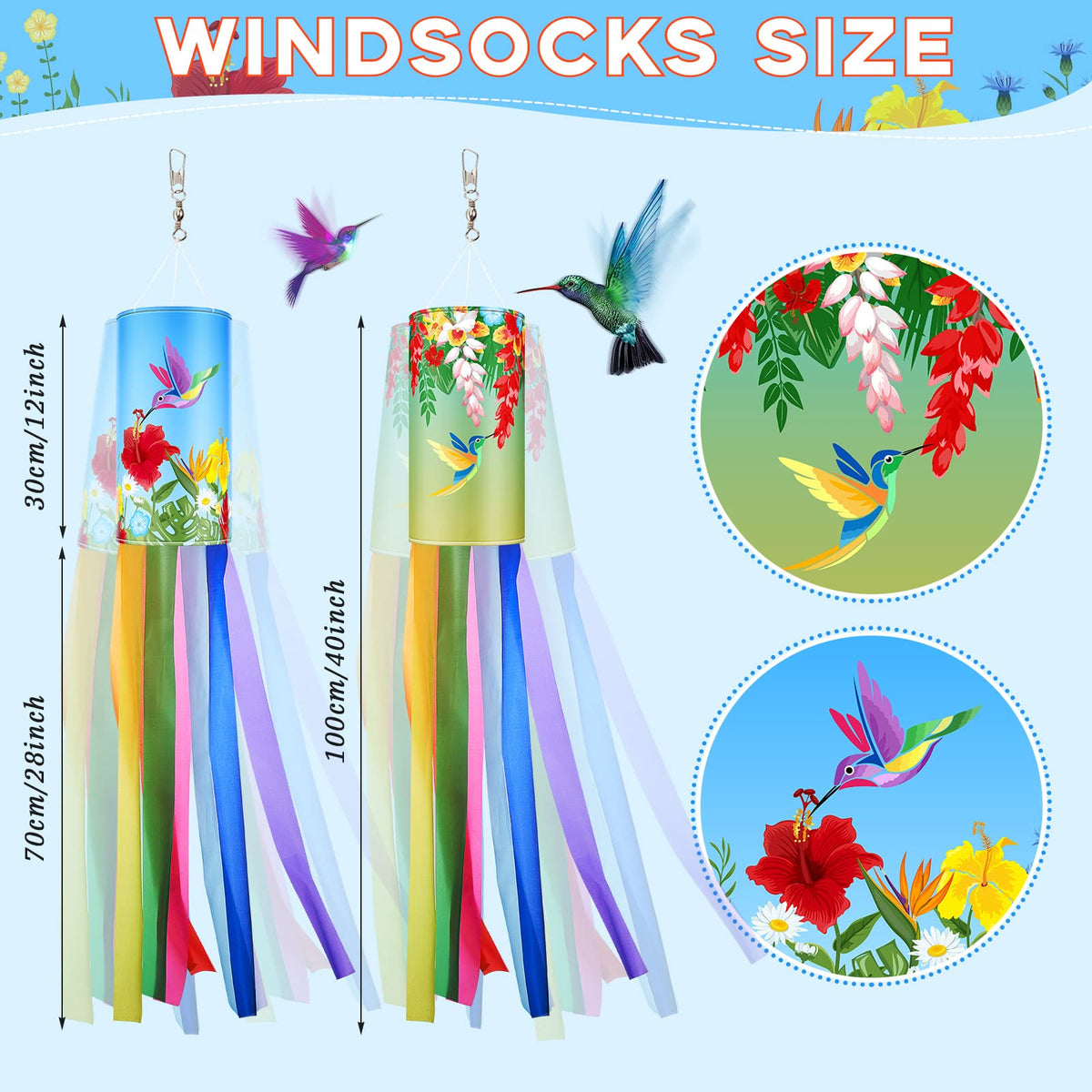 Tatuo wind sock featuring hummingbird and flowers with vibrant detail for yard color