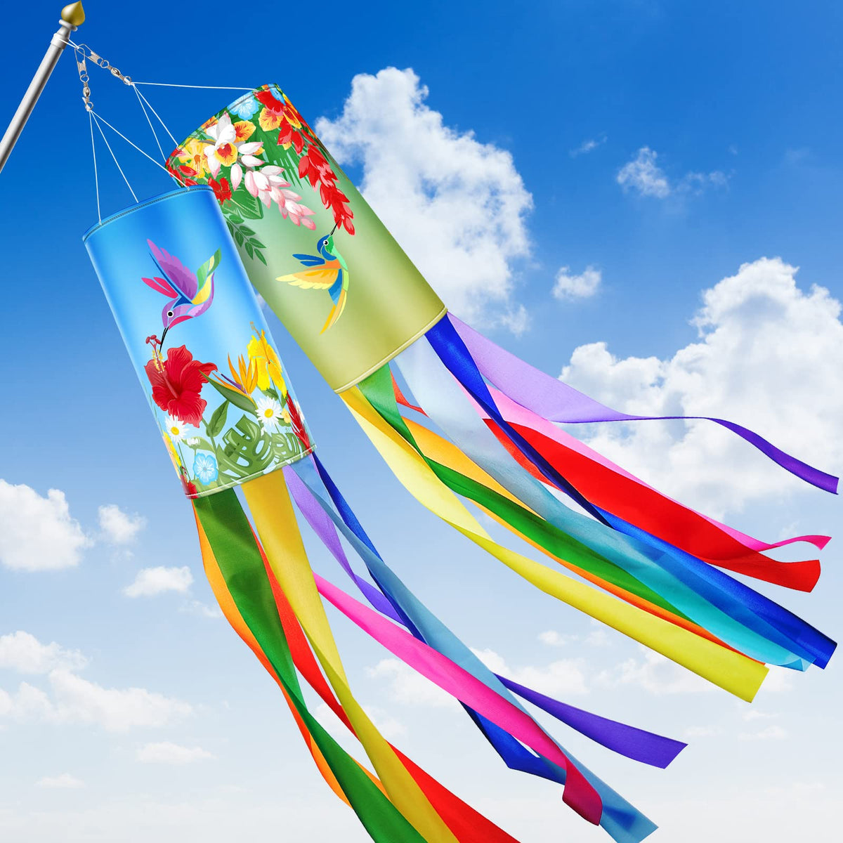 Tatuo wind sock with twin hummingbirds, 40 inches, ideal for eye catching outdoor decor