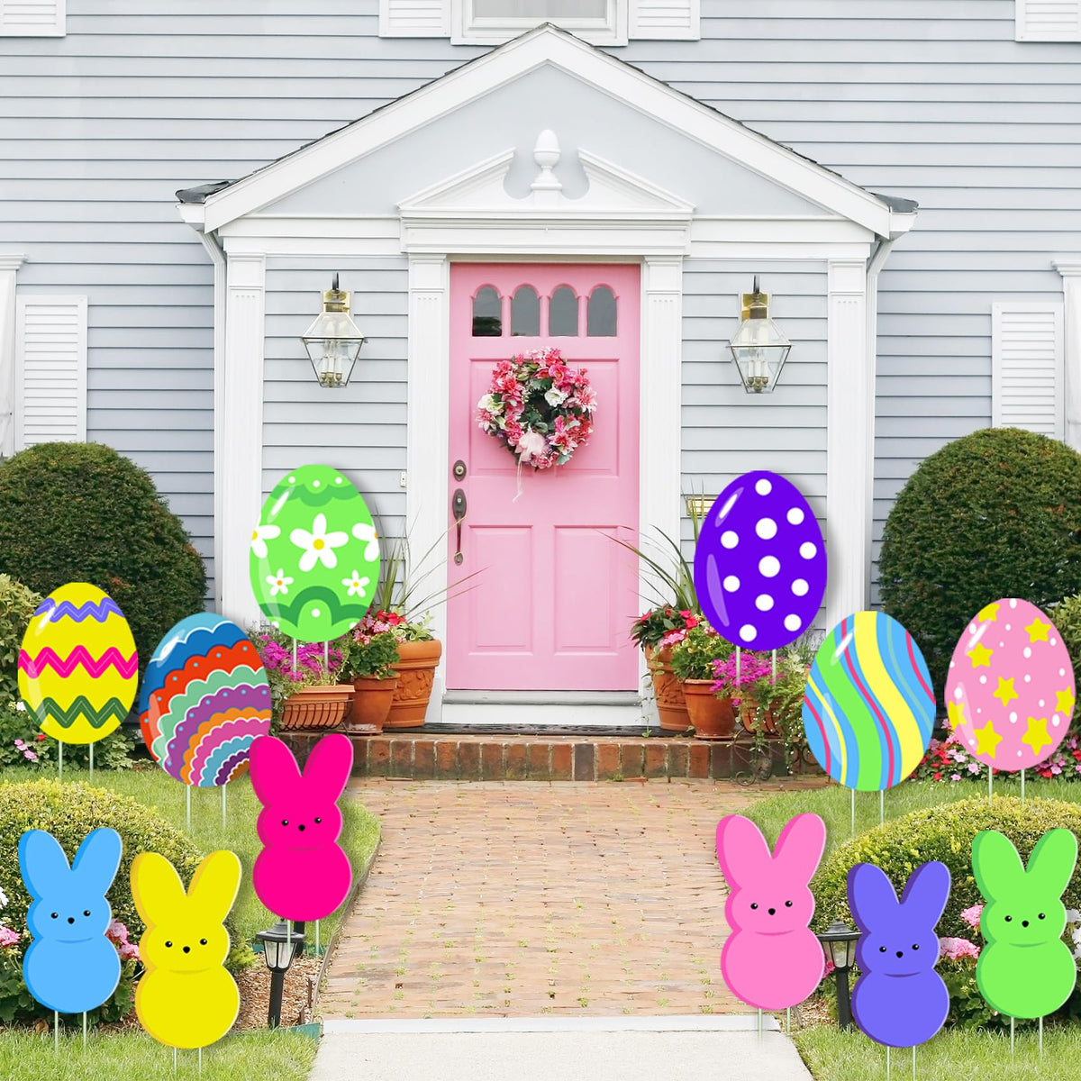 Taupphoo bunny and eggs yard sign set enhances porch or lawn.