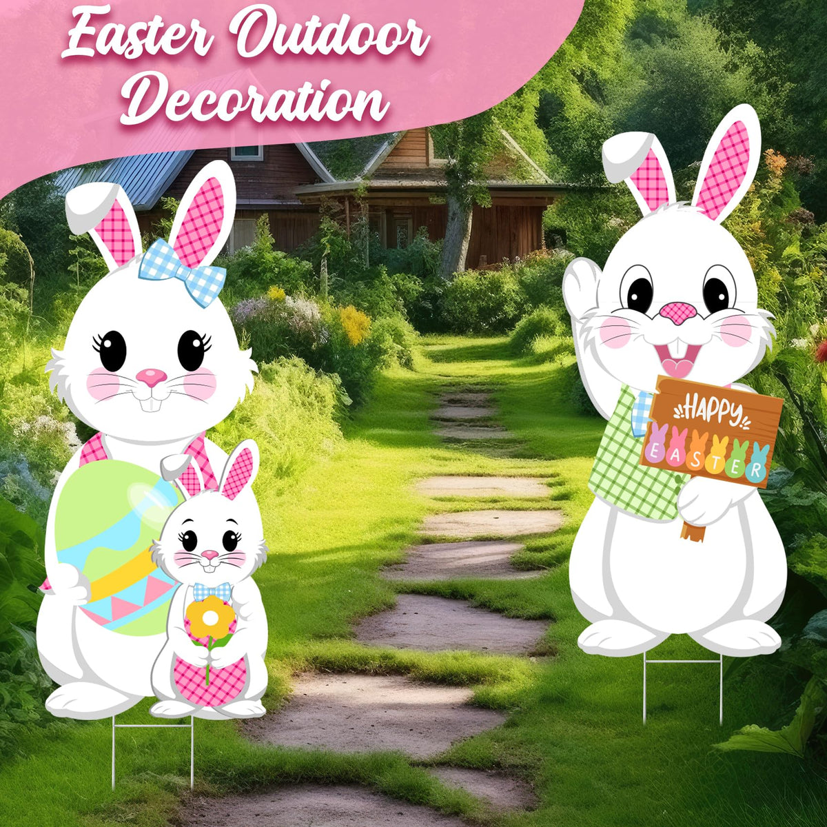 Taupphoo bunny family yard display setup shown in a green lawn.