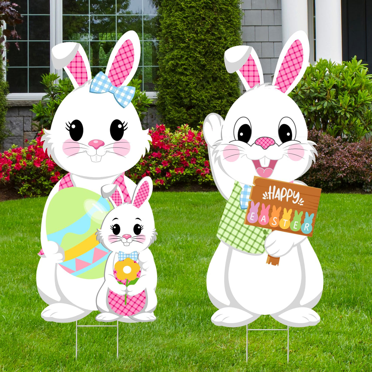 Taupphoo Easter bunny family yard sign 35x13 inch enhances spring curb appeal.