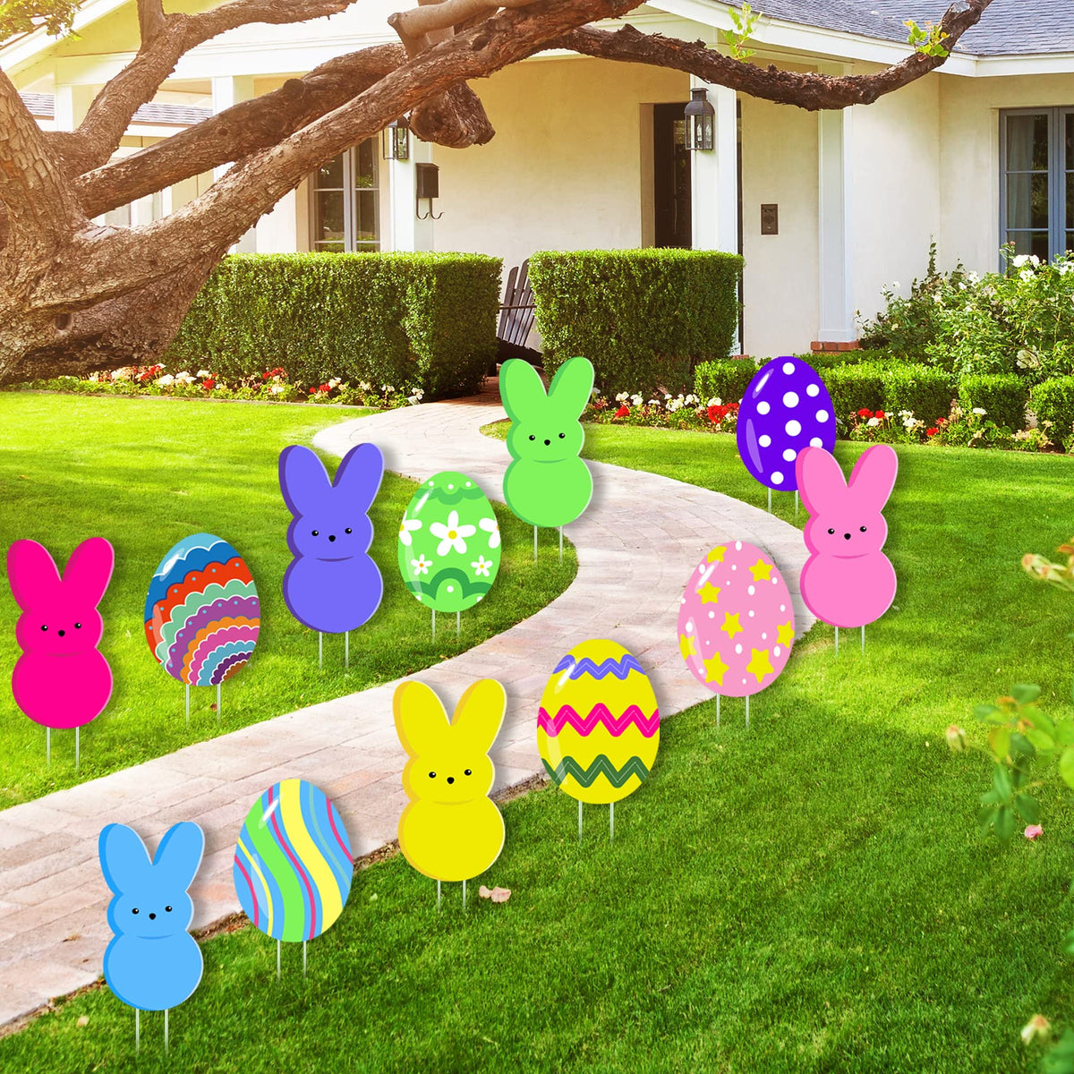 Taupphoo yard stakes for Easter decor support in the garden.