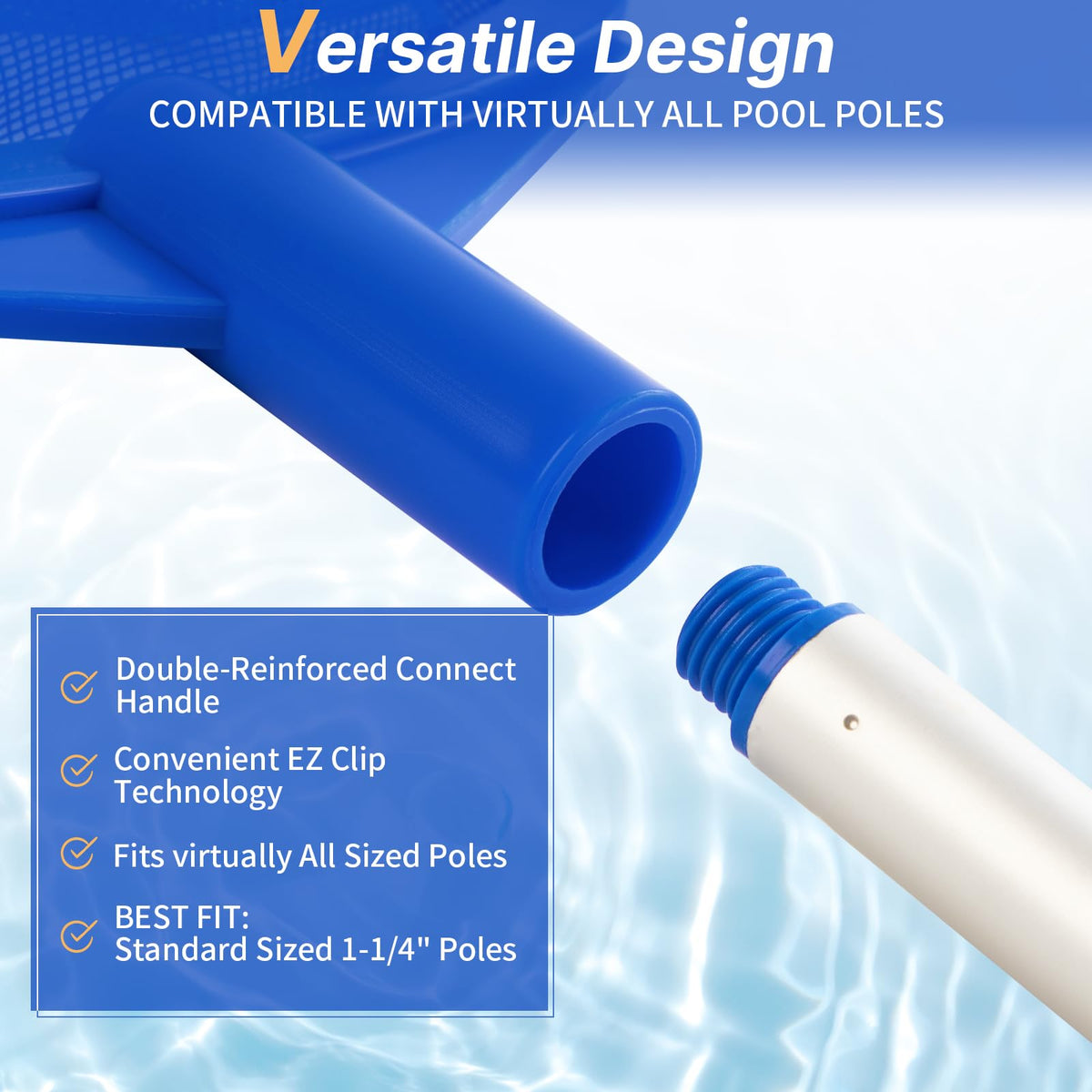 Tavaleu angled front lip skimmer efficiently traps debris while maneuvering through water.