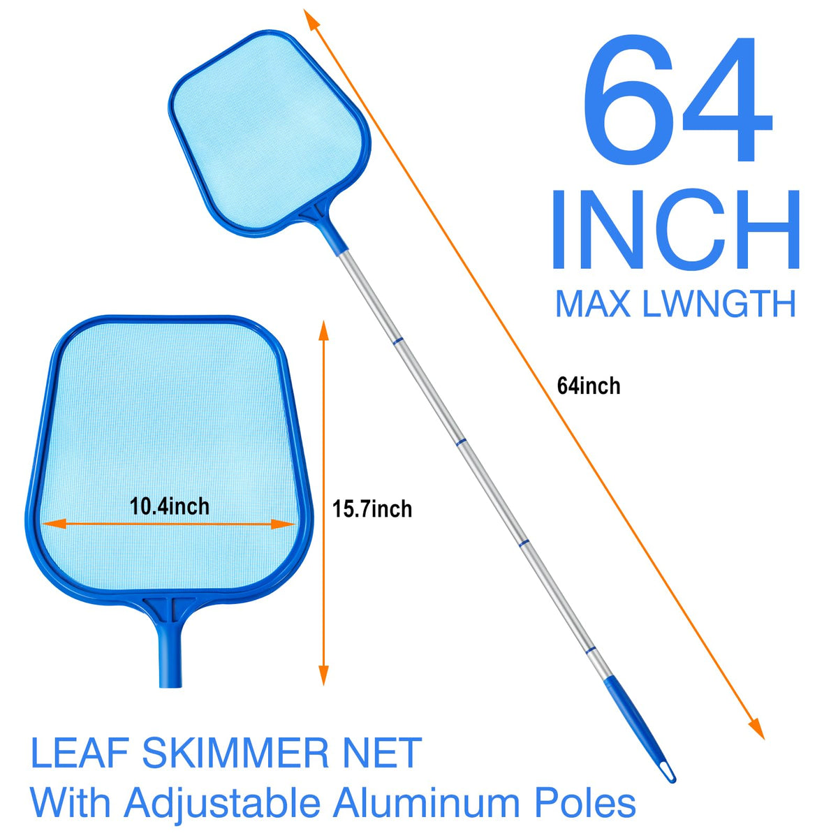 Tavaleu pool skimmer 5-section pole extended to reach distant surfaces.