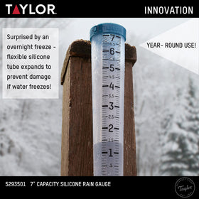 Taylor rain gauge close-up on clear 7-inch scale for accurate measurements