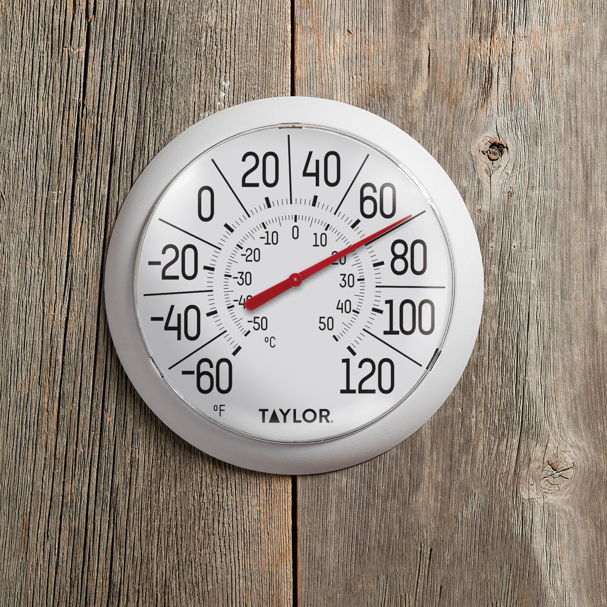 Taylor Big & Bold thermometer in garage setting demonstrates durable outdoor-indoor performance