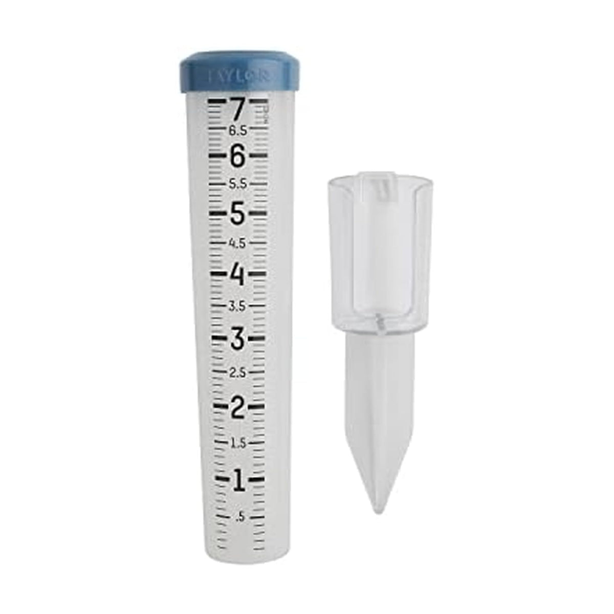 Taylor rain gauge shows a precise 7-inch scale for rainfall readings