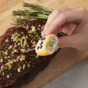 Taylor digital thermometer probe detail showing the 1.5mm step-down tip for thin foods.