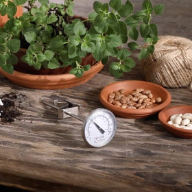 Taylor thermometer used for planning when to plant to optimize germination windows.