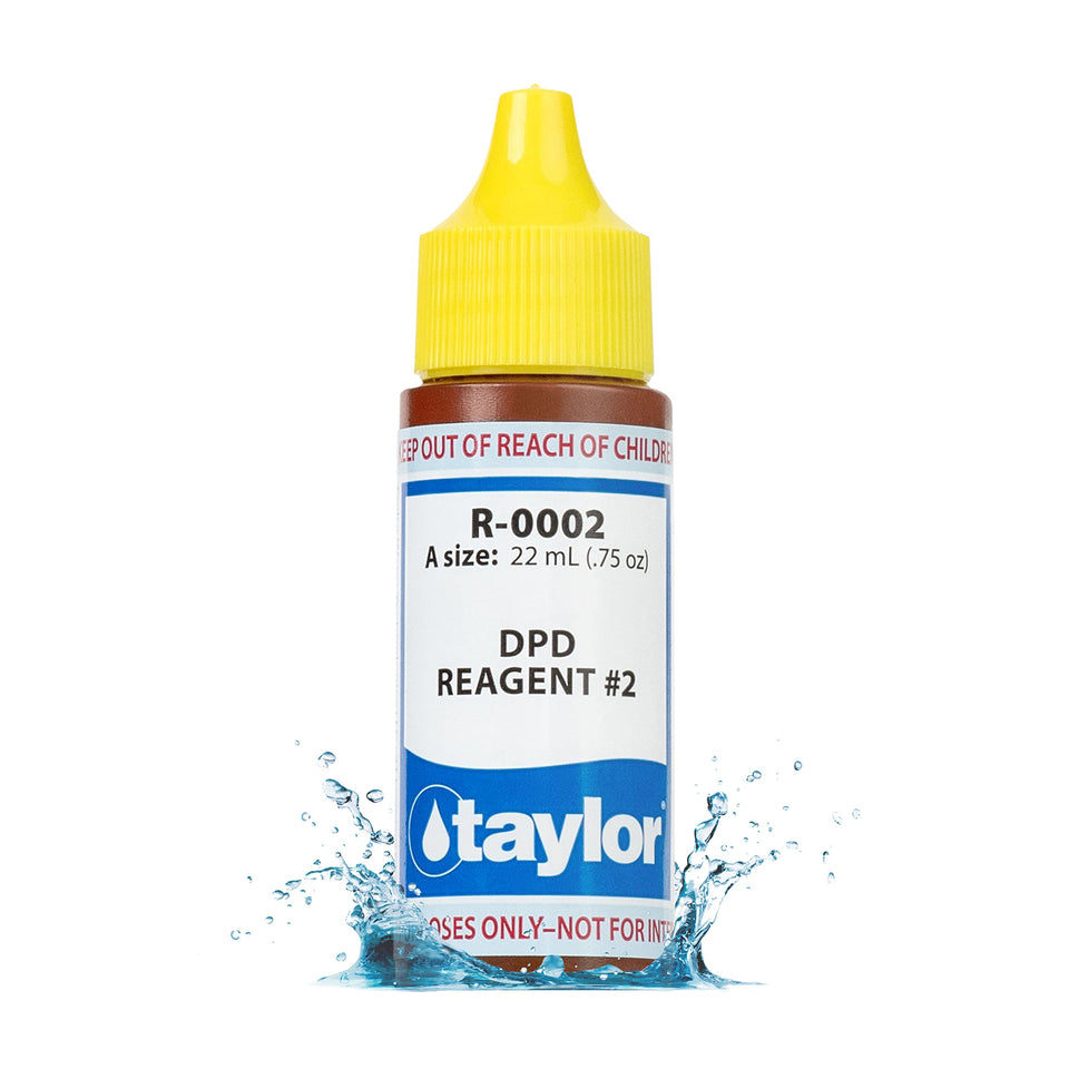 Taylor R-0002-A reagent 2 bottle for chlorine and bromine testing in pools.