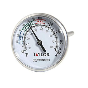 Taylor soil testing thermometer with 4-inch stem for precise soil readings in gardens.