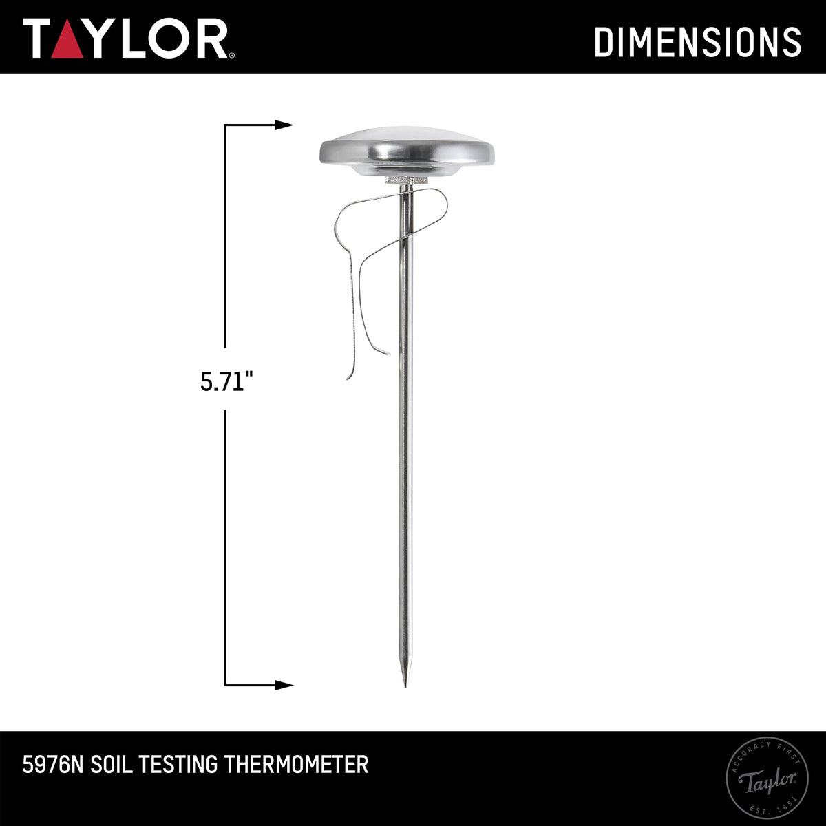 Taylor soil testing thermometer dial face closeup showing clear min/max ranges for planting timing.