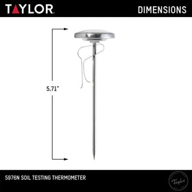 Taylor soil testing thermometer dial face closeup showing clear min/max ranges for planting timing.