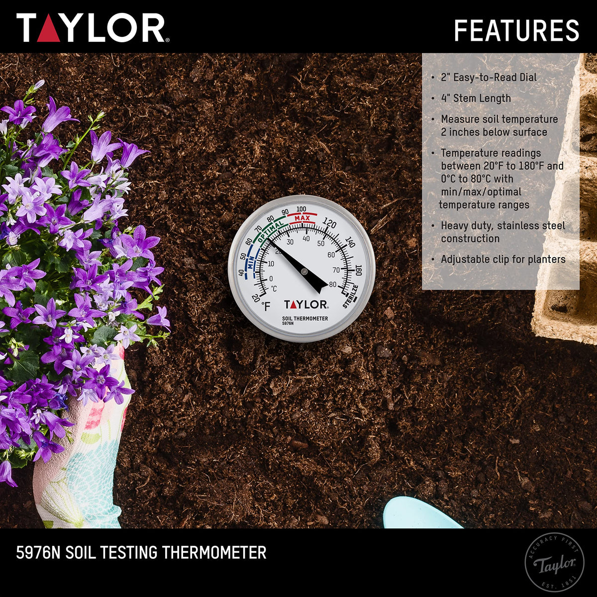 Taylor stem-clip attachment secures the thermometer to planters for easy monitoring.
