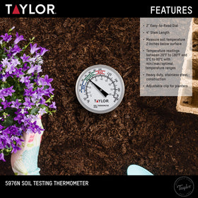 Taylor stem-clip attachment secures the thermometer to planters for easy monitoring.