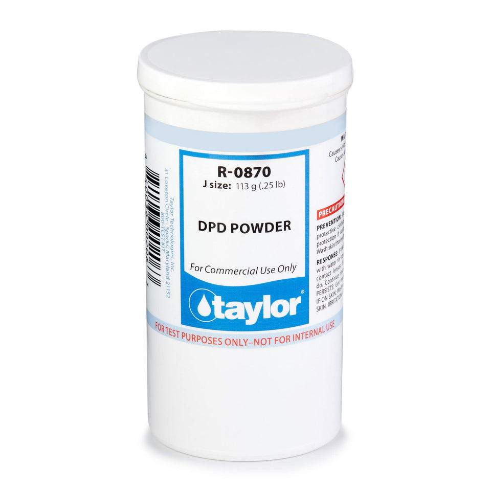 Taylor Technologies DPD powder bottle for quick sanitizer testing prep.
