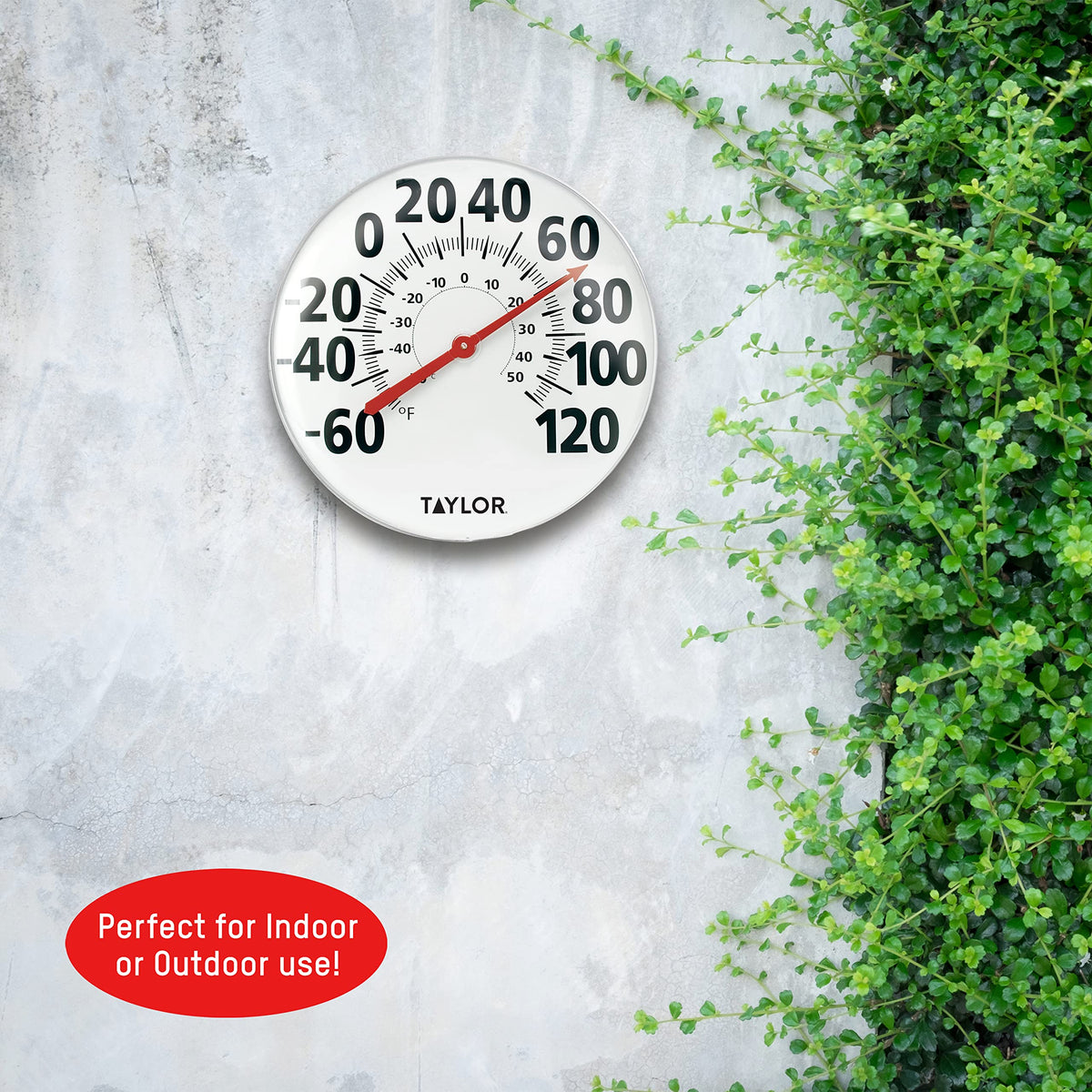 Taylor thermometer shows a wide range from 60F to 120F for diverse climates
