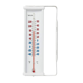 Taylor window thermometer tilted for easy outdoor viewing from doorway.