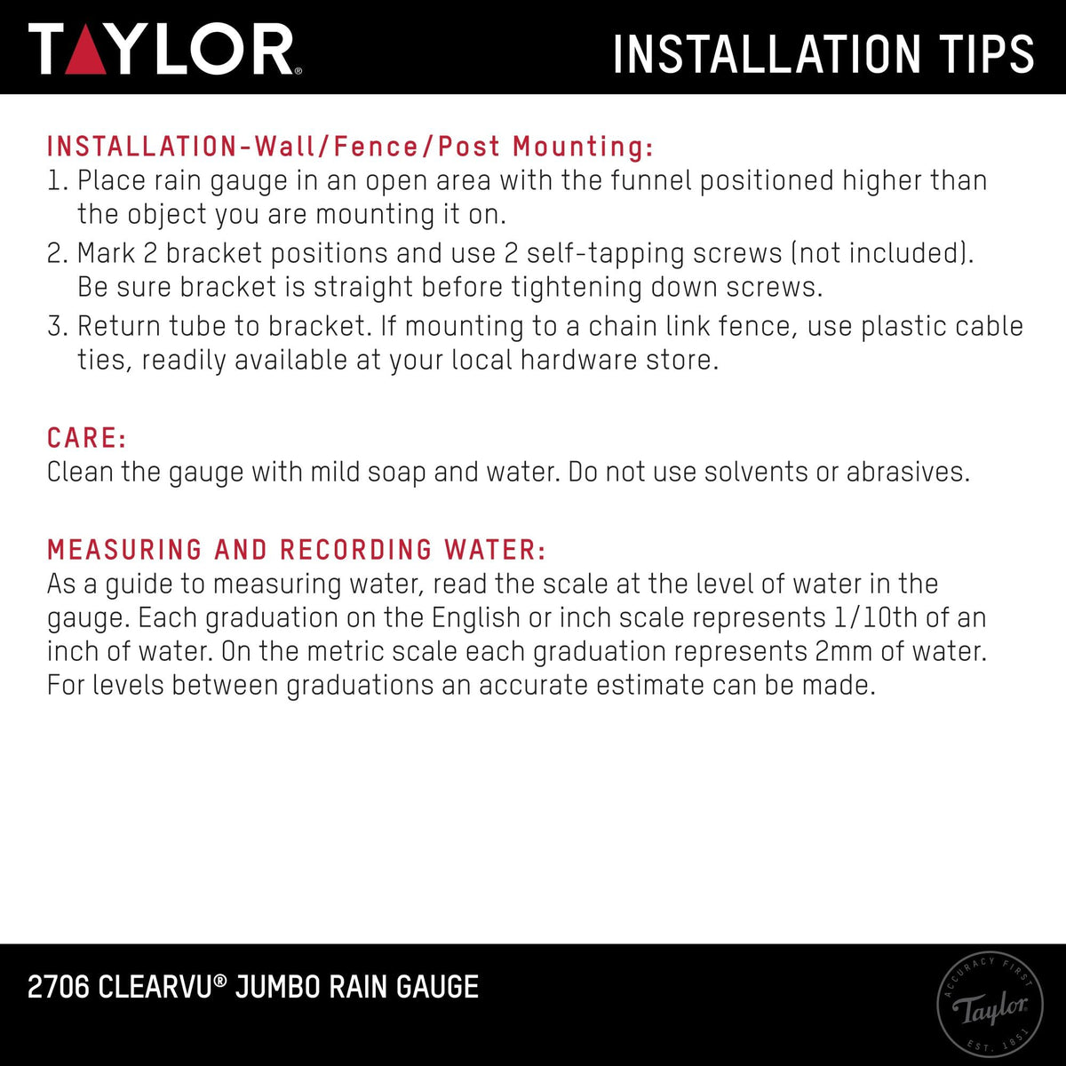 Taylor Capacity Jumbo Rain Gauge shows 5-inch capacity with precise 1/10-inch increments