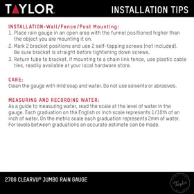 Taylor Capacity Jumbo Rain Gauge shows 5-inch capacity with precise 1/10-inch increments