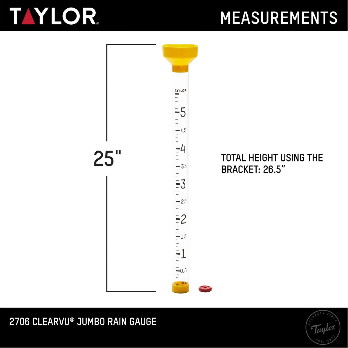 Taylor Capacity Jumbo Rain Gauge bright yellow color stands out in any yard