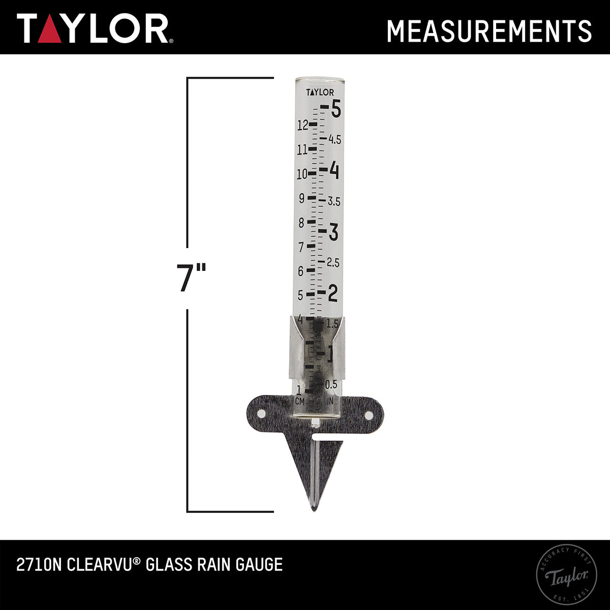 Clear glass tube on Taylor rain gauge showing easy-to-read measurements
