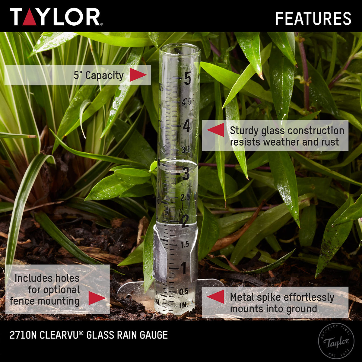 Taylor metal ground spike anchors the rain gauge securely in soil