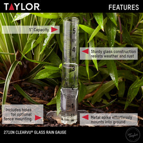 Taylor metal ground spike anchors the rain gauge securely in soil