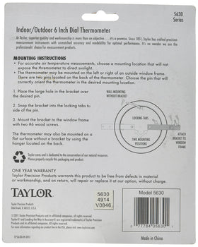 Taylor Precision 5630 6-inch dial thermometer packaging and dimensions for easy countertop setup