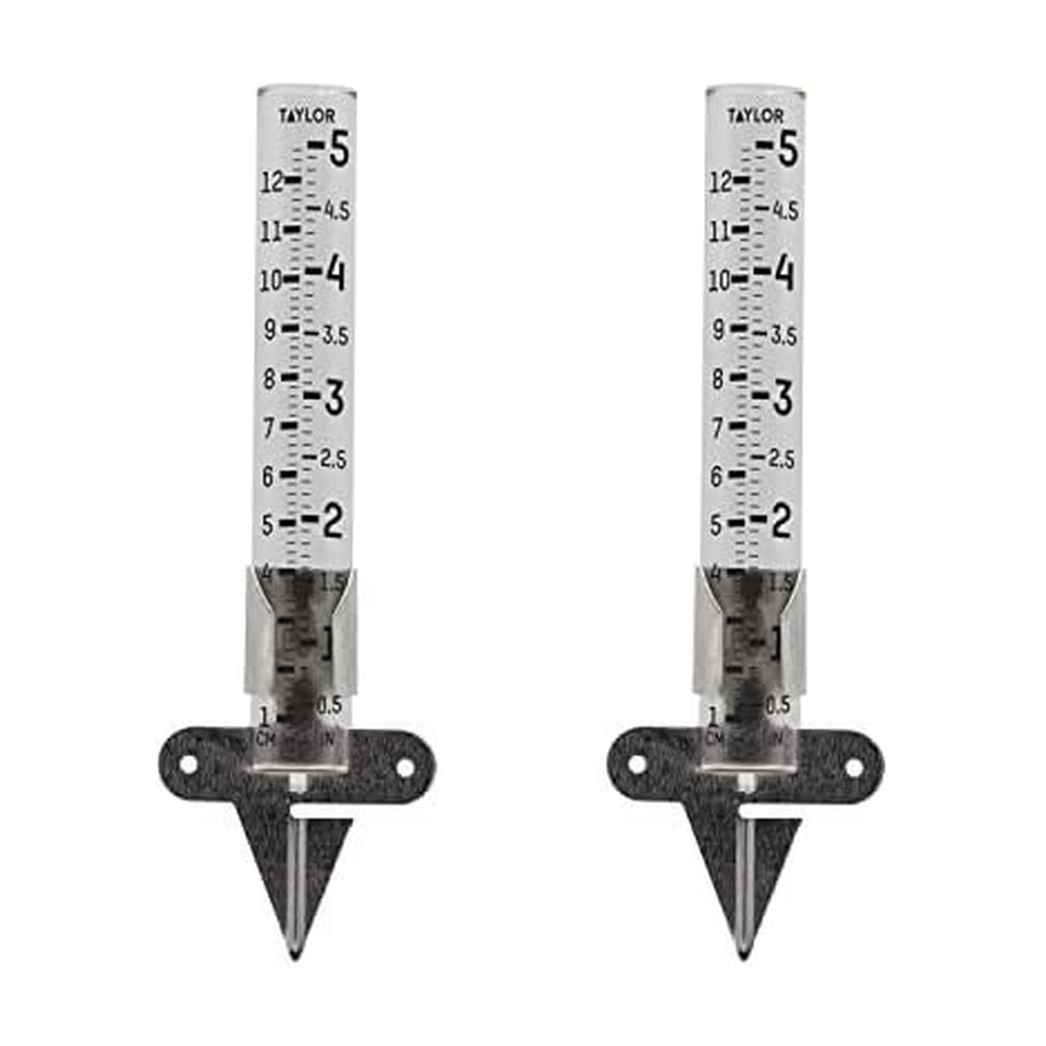 Taylor rain gauge with 5-inch glass tube for accurate yard rainfall readings