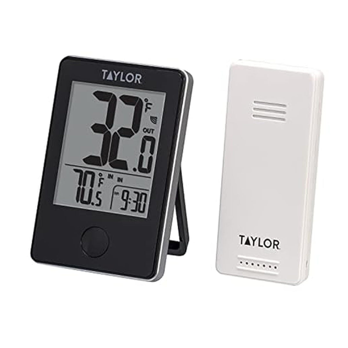Taylor Wireless Digital Indoor/Outdoor Thermometer base unit with clear LCD displaying indoor and outdoor temps