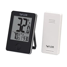Taylor Wireless Digital Indoor/Outdoor Thermometer base unit with clear LCD displaying indoor and outdoor temps