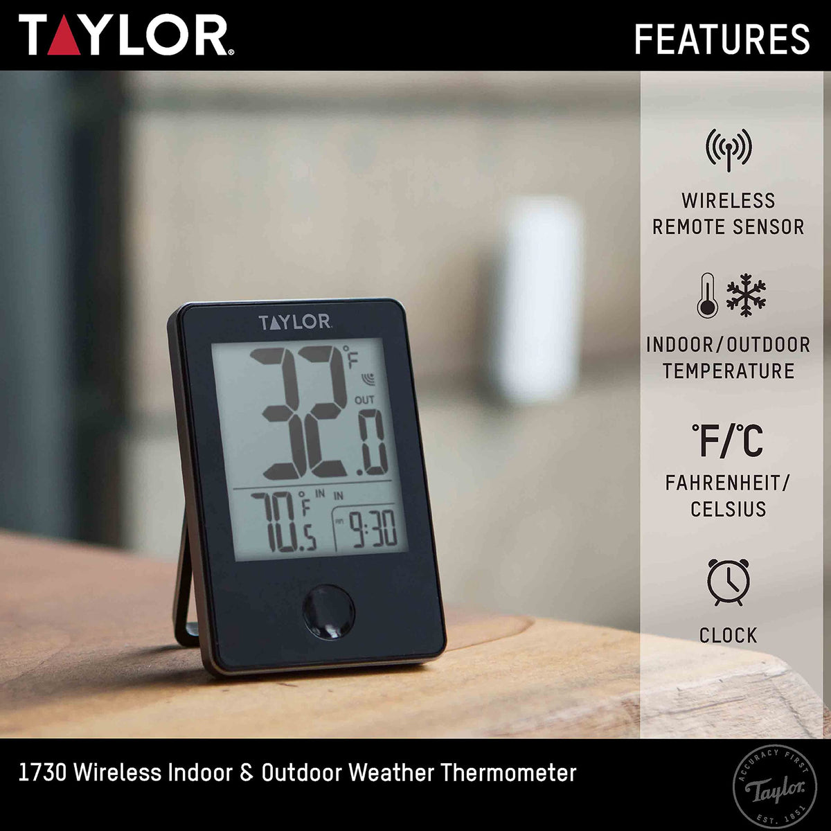 Taylor Wireless Digital Indoor/Outdoor Thermometer remote sensor provides outdoor readings up to 200 ft