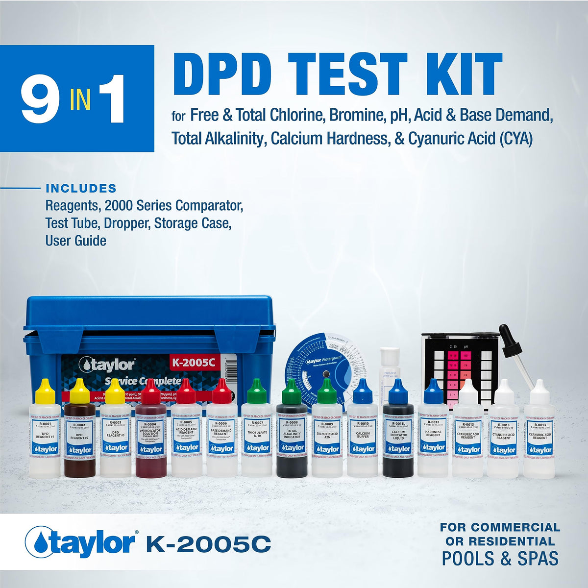 K-2005C kit in use testing chlorine and pH levels with reagents.