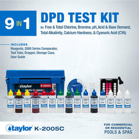 K-2005C kit in use testing chlorine and pH levels with reagents.