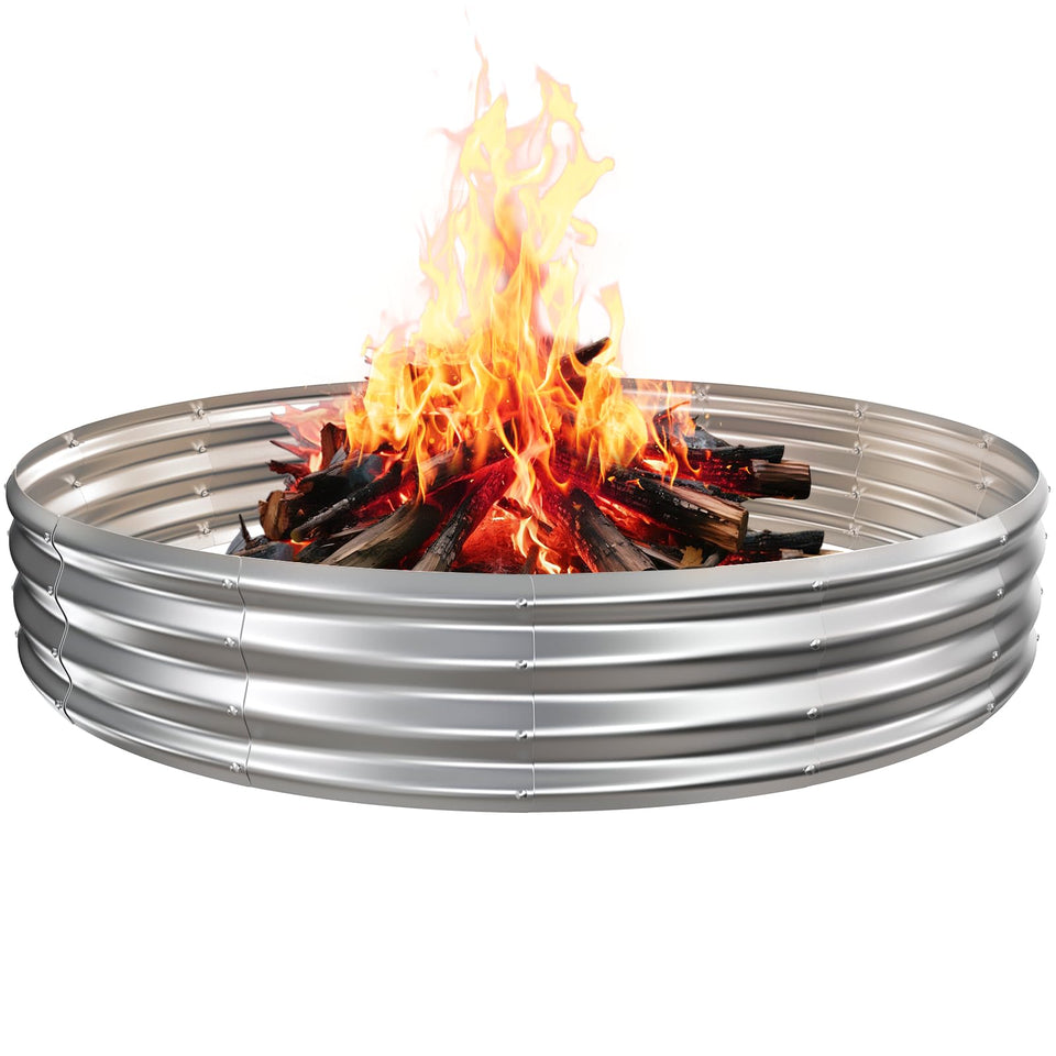 TBMLC 6FT camp fire ring exterior in silver, durable for backyard gatherings.